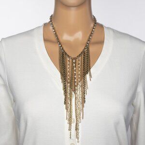 Faux Gold Toned Necklace‎ With Chains Faux Pearls And Faux Diamonds